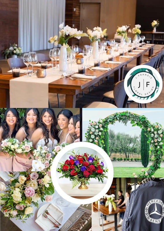 Elegant floral arrangement created by J Francis Floral Design for a Suisun Valley wedding.