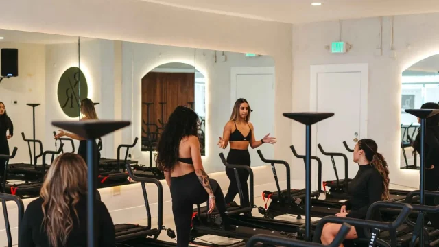 Interior of Reform Room Lagree fitness studio in Fairfield CA with exercise equipment.