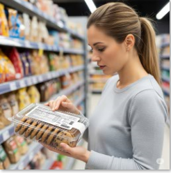 Consumer reviewing food packaging labels on grocery store shelf.