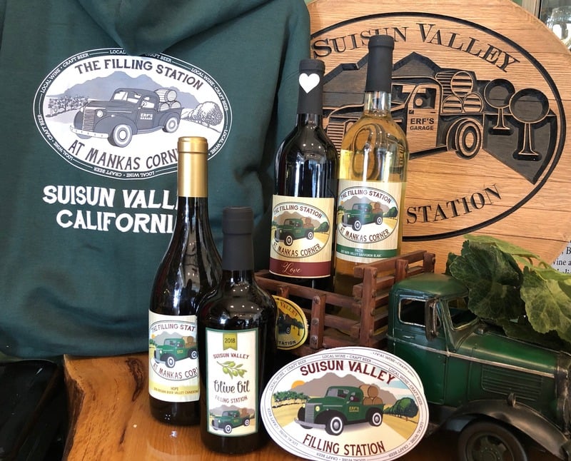 Wine flight setup at Suisun Valley Filling Station bar.
