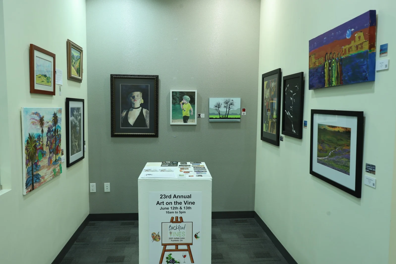 Art display featuring local artists at Fairfield Suisun City Visual Arts Association gallery.